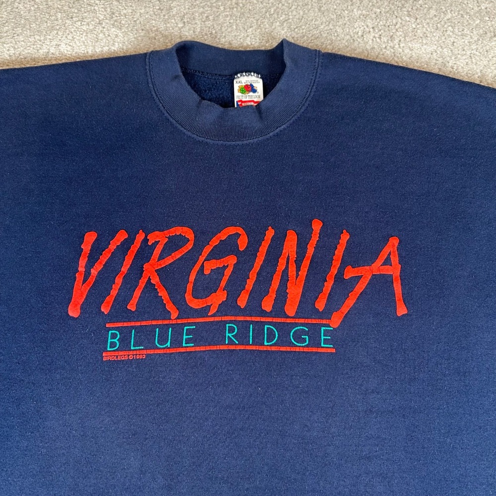 Vintage Fruit of the Loom Sweatshirt Mens XXL Navy Blue 1992 Virginia Blue Ridge - Picture 2 of 11